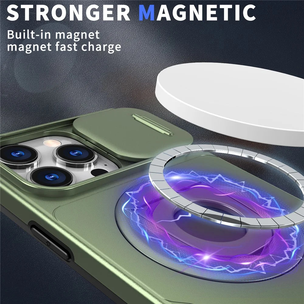 For iPhone 16 Pro Max Magnetic Case Kickstand Slide Lens Cover TPU+PC Phone Shell - Olive Green - 4