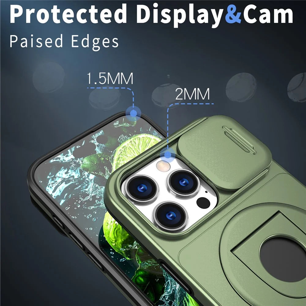For iPhone 16 Pro Max Magnetic Case Kickstand Slide Lens Cover TPU+PC Phone Shell - Olive Green - 5