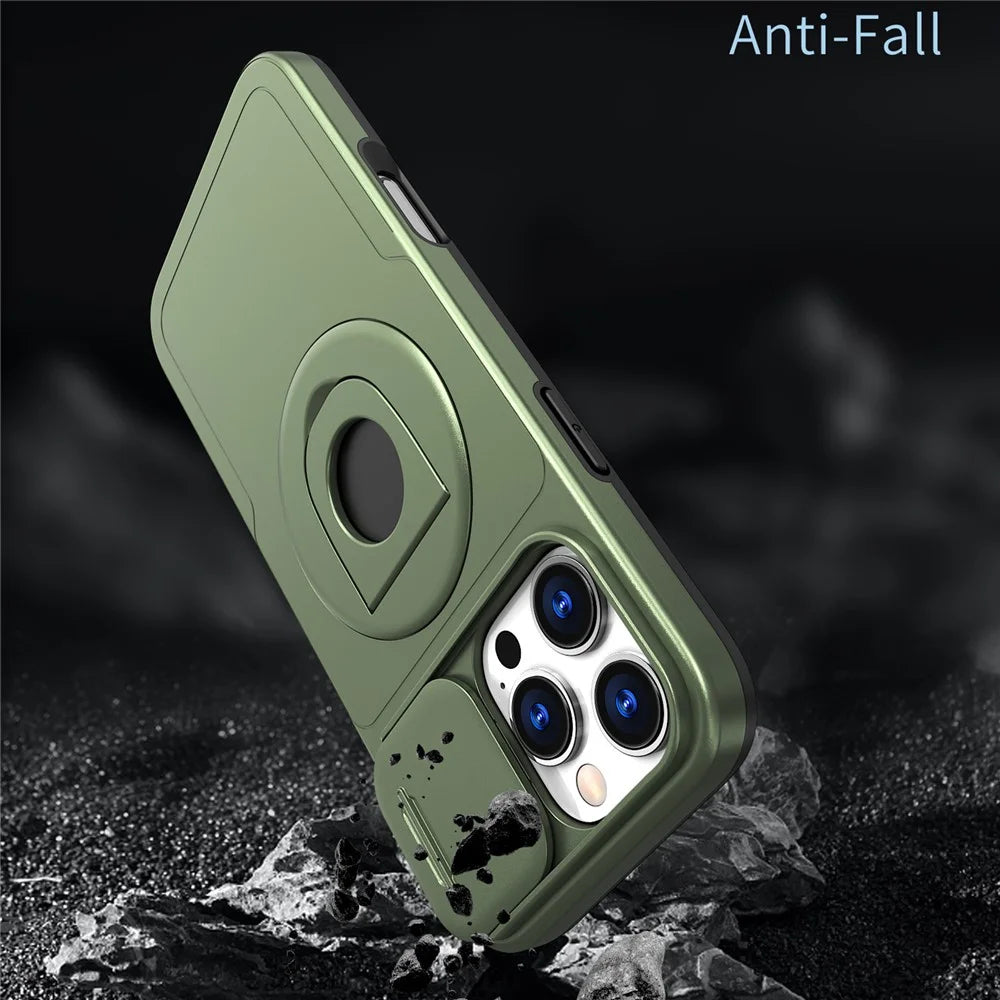 For iPhone 16 Pro Max Magnetic Case Kickstand Slide Lens Cover TPU+PC Phone Shell - Olive Green - 6