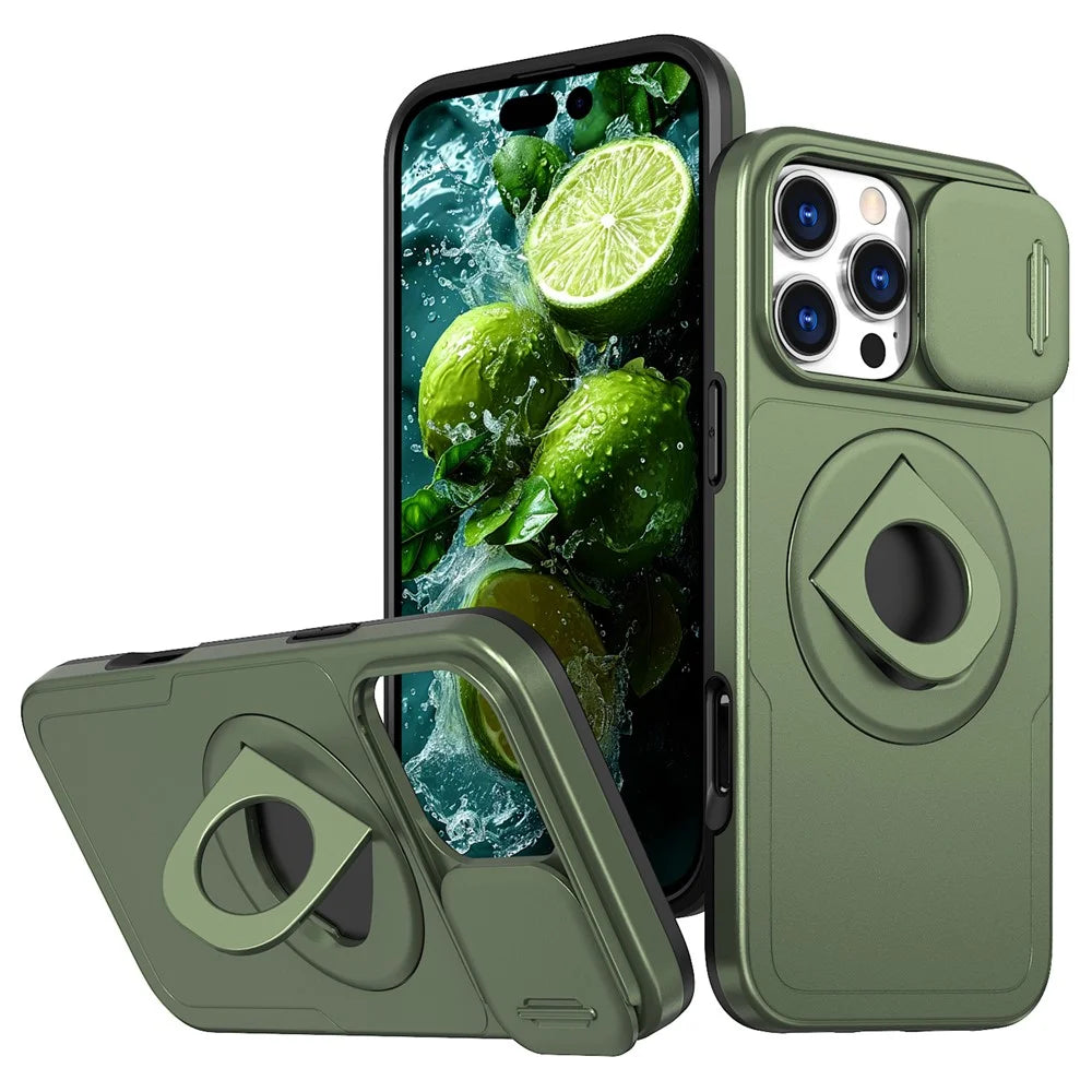 For iPhone 16 Pro Magnetic Phone Case TPU+PC Cover with Kickstand and Slide Lens Lid - Olive Green - 1