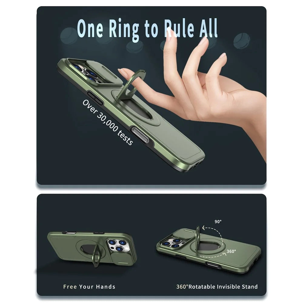 For iPhone 16 Pro Magnetic Phone Case TPU+PC Cover with Kickstand and Slide Lens Lid - Olive Green - 3