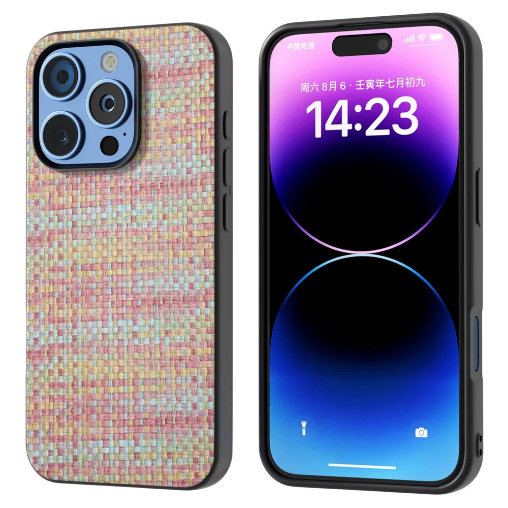 For iPhone 16 Pro Case Plaid Texture Leather+PC+TPU Anti-Scratch Phone Cover - Pink - 1