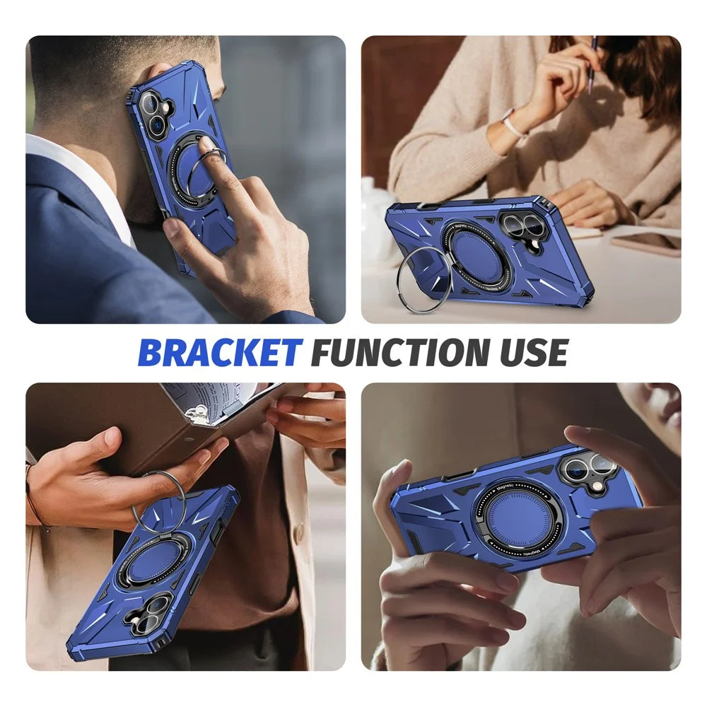 For iPhone 16 Magnetic Case TPU+PC Phone Cover with Rotary Ring Kickstand - Navy Blue - 2