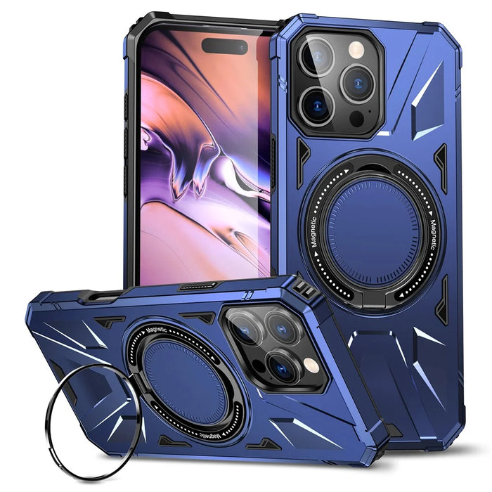 For iPhone 16 Pro Magnetic Case TPU+PC Ring Kickstand Anti-Drop Phone Cover - Navy Blue - 1