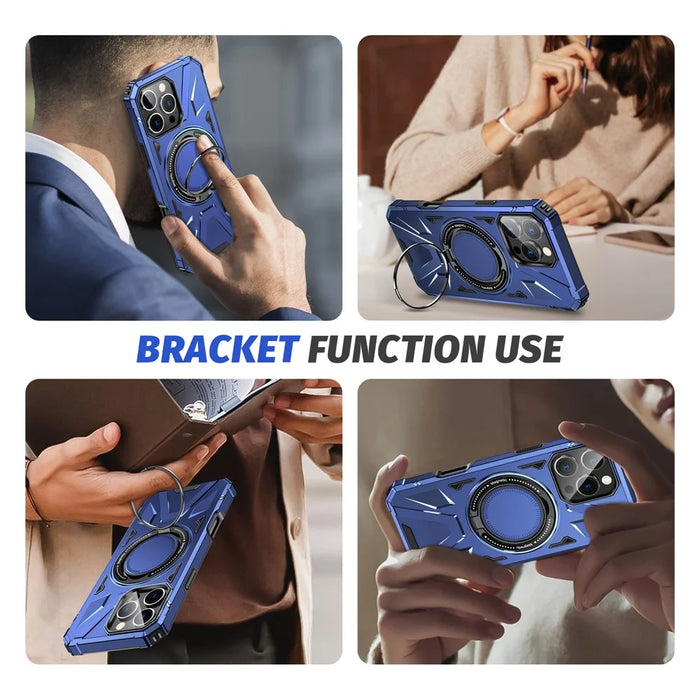 For iPhone 16 Pro Magnetic Case TPU+PC Ring Kickstand Anti-Drop Phone Cover - Navy Blue - 2