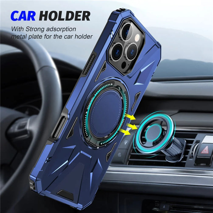 For iPhone 16 Pro Magnetic Case TPU+PC Ring Kickstand Anti-Drop Phone Cover - Navy Blue - 4