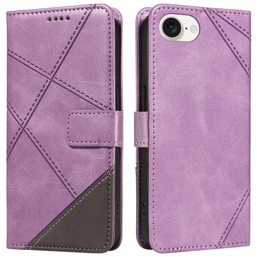 For iPhone 17e / 16e Case Leather Card Holder Phone Cover Geometric Line - Purple - 1