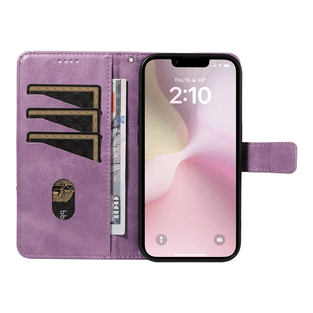 For iPhone 17e / 16e Case Leather Card Holder Phone Cover Geometric Line - Purple - 2