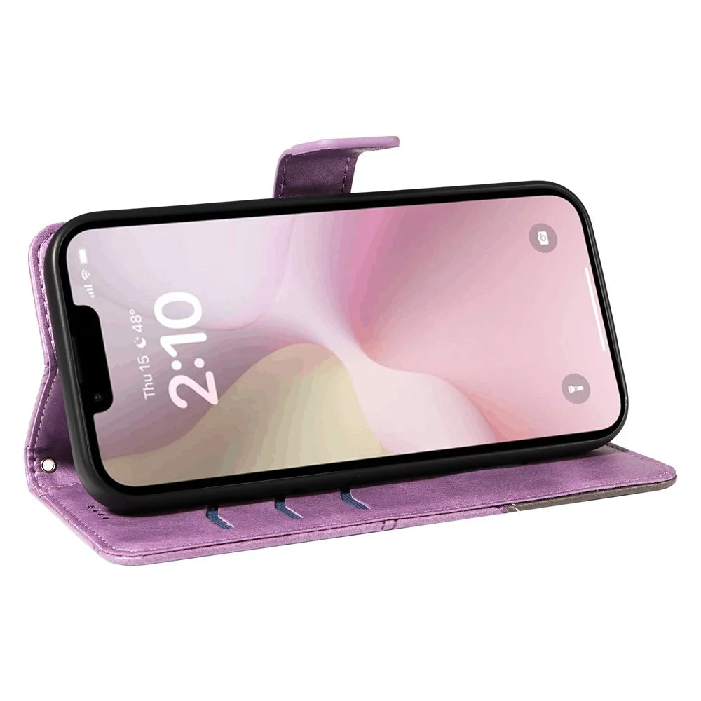 For iPhone 17e / 16e Case Leather Card Holder Phone Cover Geometric Line - Purple - 3