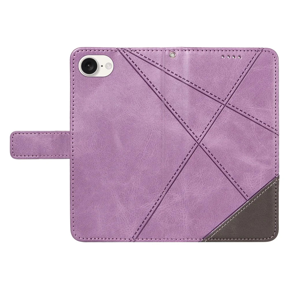 For iPhone 17e / 16e Case Leather Card Holder Phone Cover Geometric Line - Purple - 5