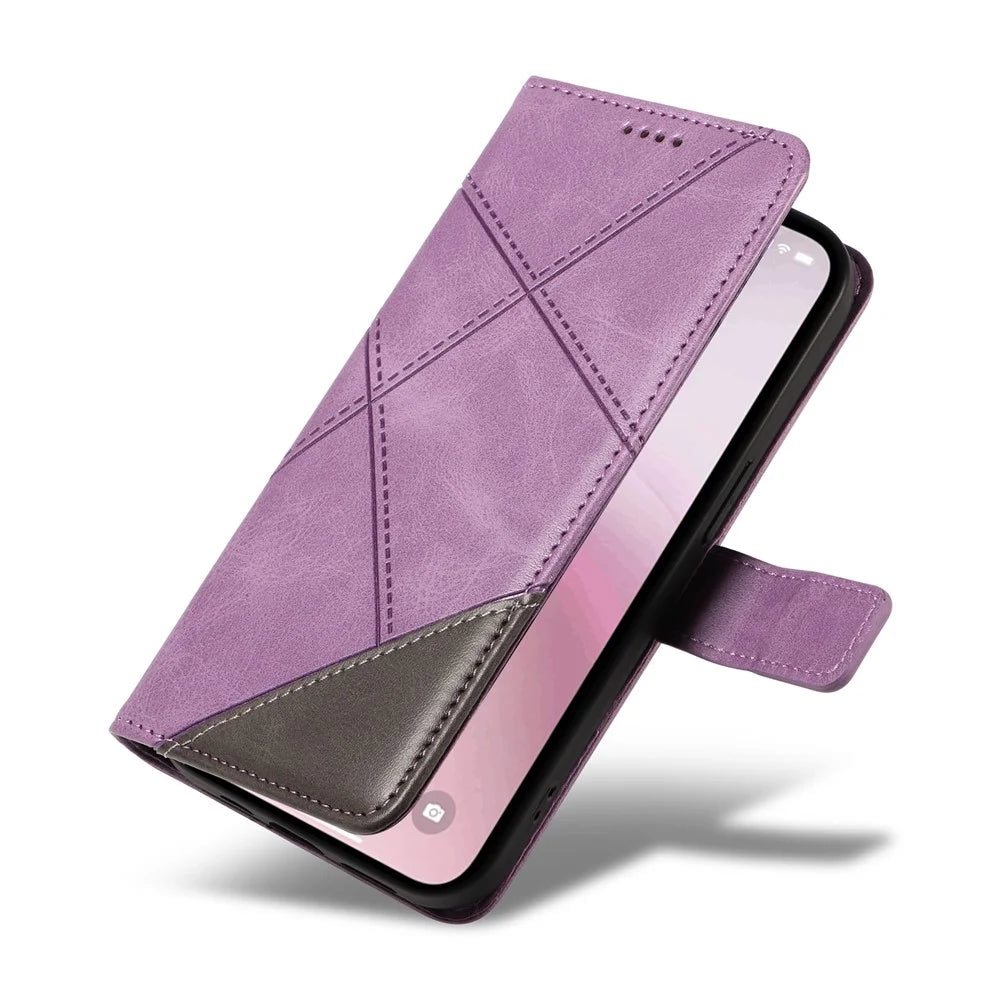 For iPhone 17e / 16e Case Leather Card Holder Phone Cover Geometric Line - Purple - 6