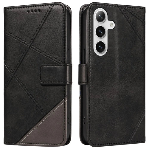 For Samsung Galaxy S25+ / S24+ Case PU Leather Magnetic Clasp Phone Cover Geometric Line Wrist Strap - Black - 1