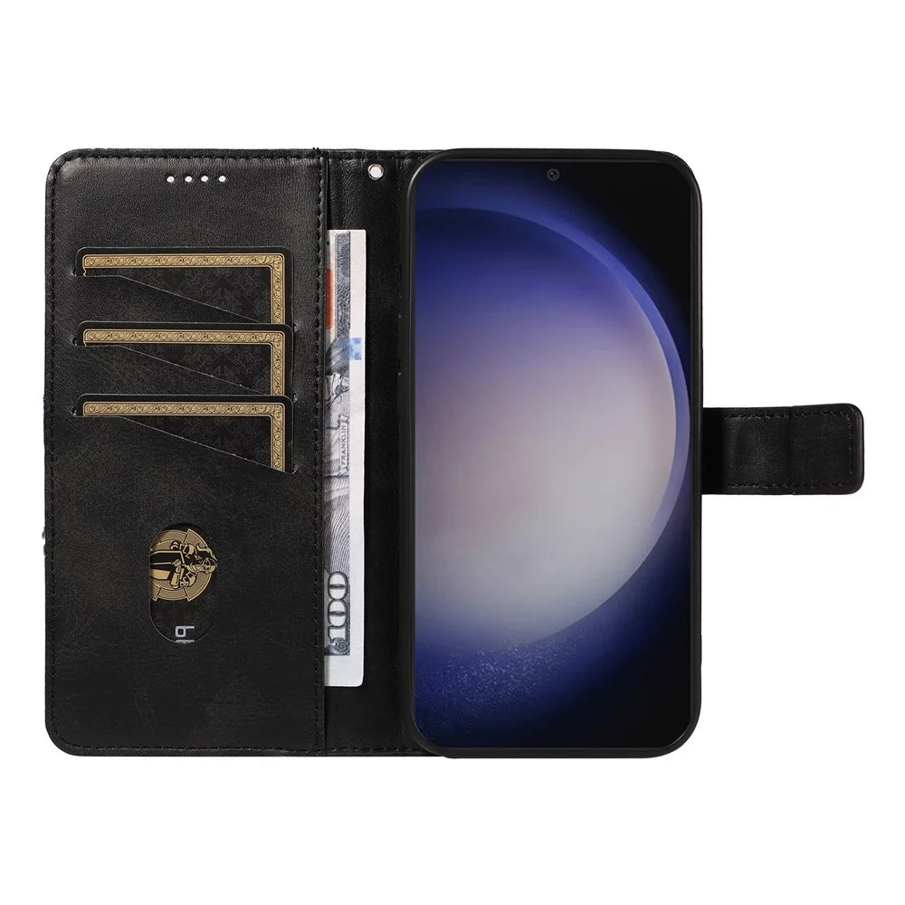 For Samsung Galaxy S25+ / S24+ Case PU Leather Magnetic Clasp Phone Cover Geometric Line Wrist Strap - Black - 2
