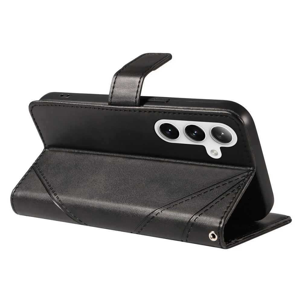 For Samsung Galaxy S25+ / S24+ Case PU Leather Magnetic Clasp Phone Cover Geometric Line Wrist Strap - Black - 4