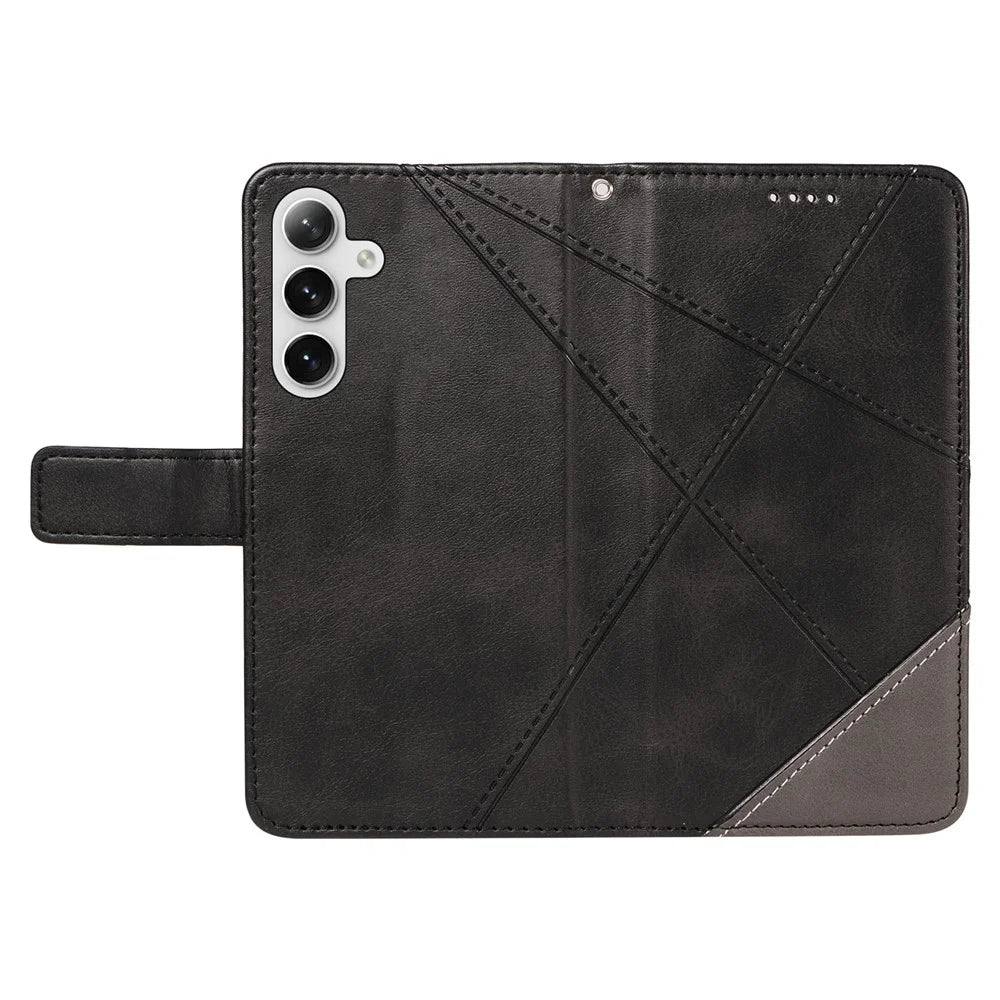 For Samsung Galaxy S25+ / S24+ Case PU Leather Magnetic Clasp Phone Cover Geometric Line Wrist Strap - Black - 5