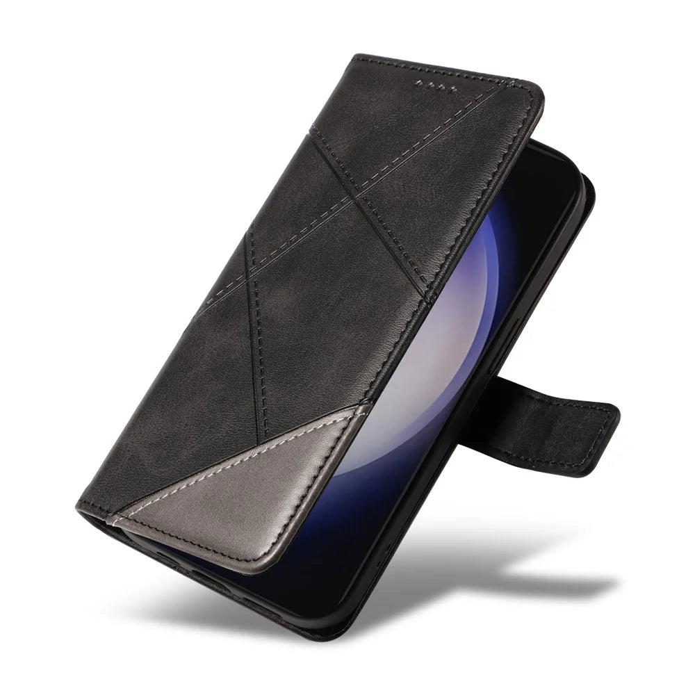 For Samsung Galaxy S25+ / S24+ Case PU Leather Magnetic Clasp Phone Cover Geometric Line Wrist Strap - Black - 6