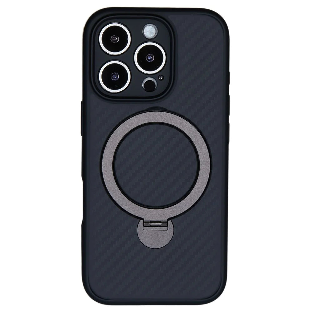 For iPhone 16 Pro Max Magnetic Case TPU+PC Carbon Fiber Texture Phone Cover Rotatable Ring Holder - 1