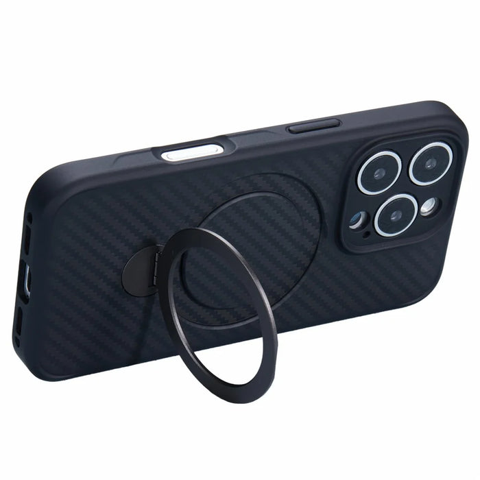 For iPhone 16 Pro Max Magnetic Case TPU+PC Carbon Fiber Texture Phone Cover Rotatable Ring Holder - 3