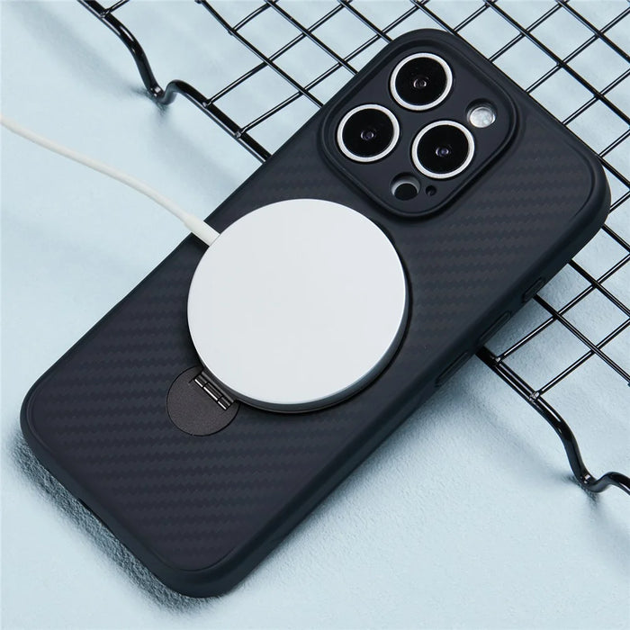 For iPhone 16 Pro Max Magnetic Case TPU+PC Carbon Fiber Texture Phone Cover Rotatable Ring Holder - 4