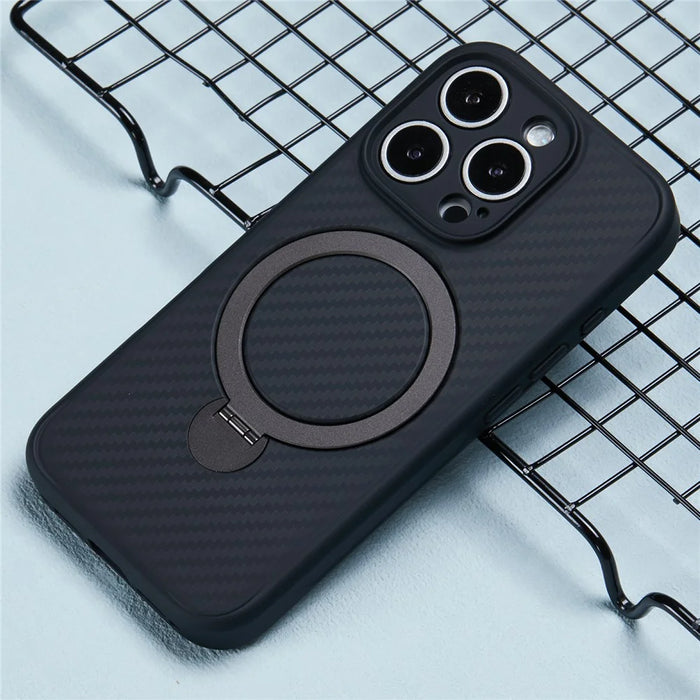 For iPhone 16 Pro Max Magnetic Case TPU+PC Carbon Fiber Texture Phone Cover Rotatable Ring Holder - 6