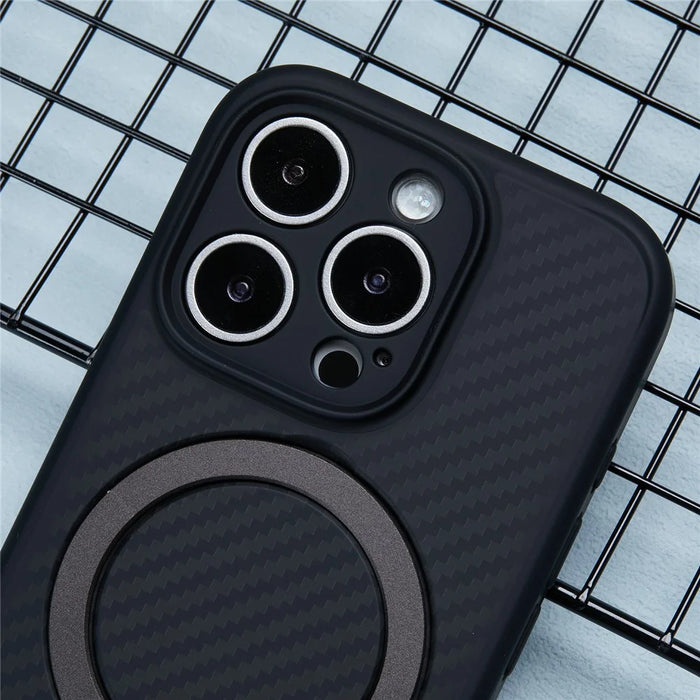 For iPhone 16 Pro Max Magnetic Case TPU+PC Carbon Fiber Texture Phone Cover Rotatable Ring Holder - 7
