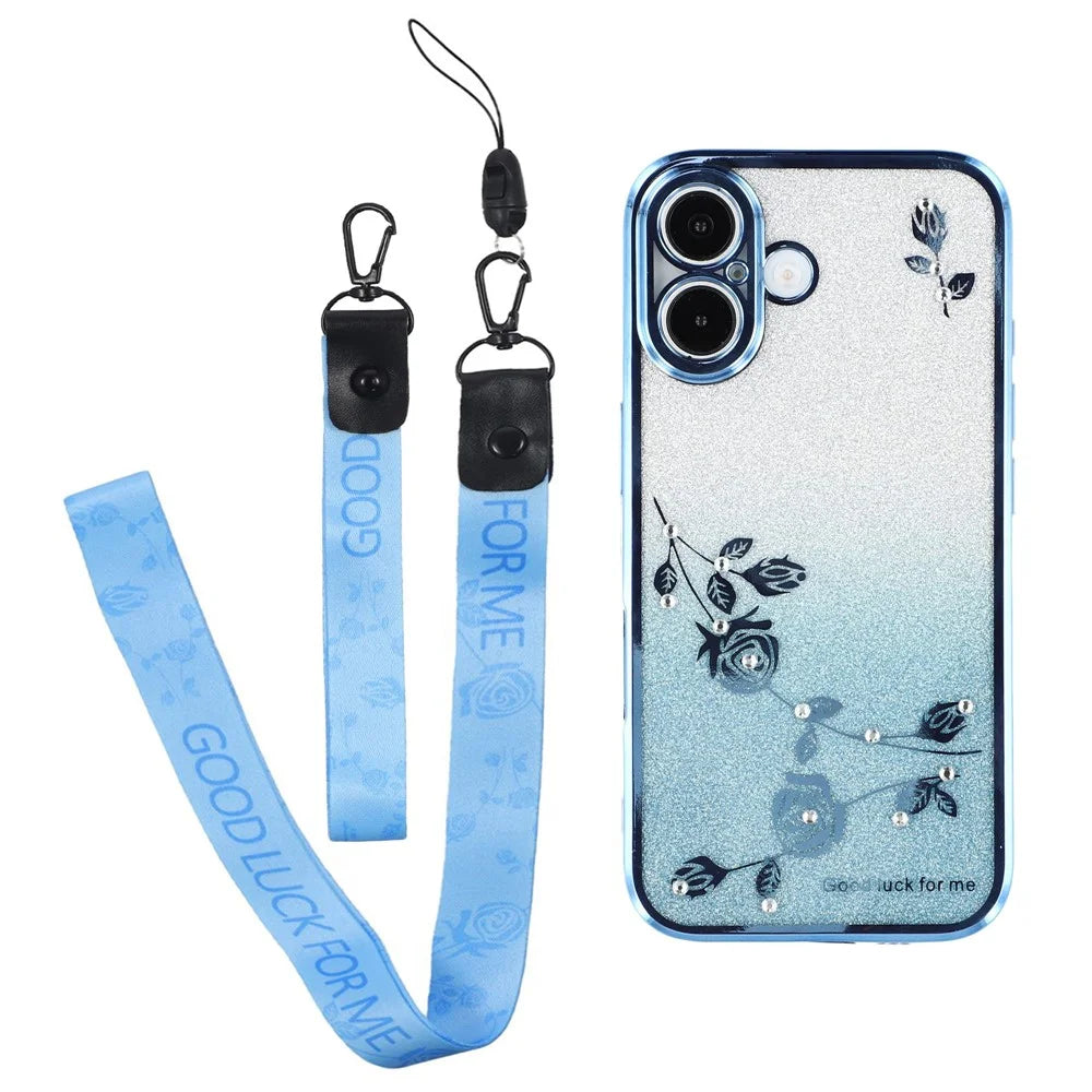 KADEM For iPhone 16 Plus Case Gradient Glitter Flower TPU Phone Cover with Lanyards - Blue - 1