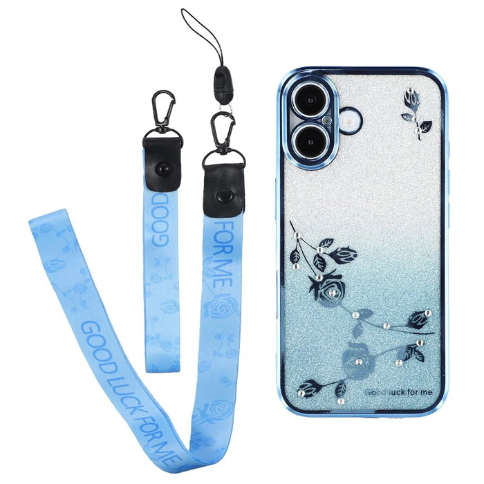 KADEM For iPhone 16 Plus Case Gradient Glitter Flower TPU Phone Cover with Lanyards - Blue - 1