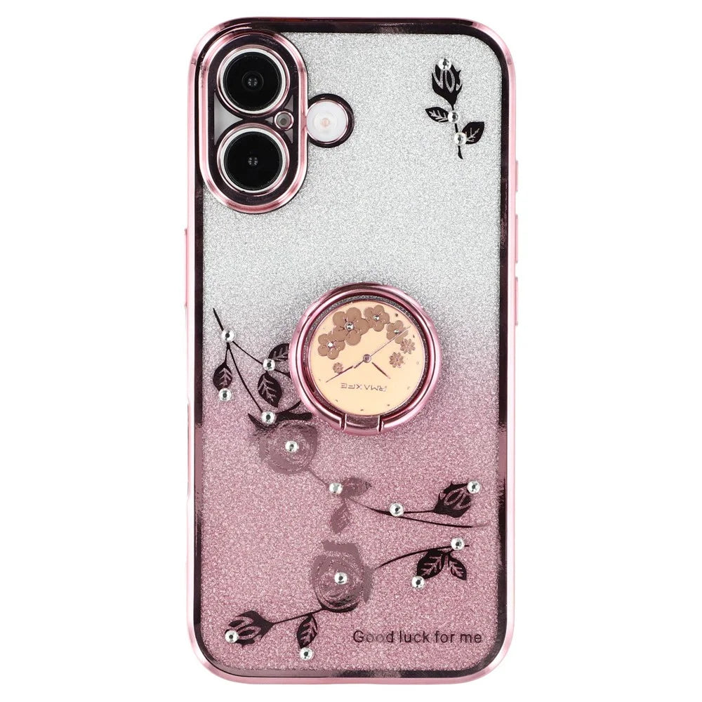 KADEM For iPhone 16 Case TPU Ring Holder Phone Cover Gradient Shockproof - Rose Gold - 1