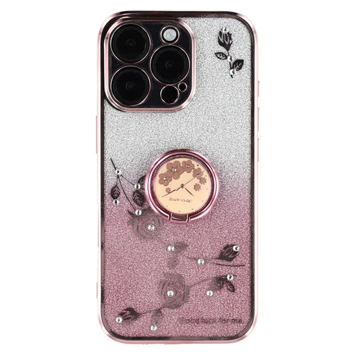 KADEM For iPhone 16 Pro Max Case TPU Gradient Flowers Phone Cover Ring Kickstand - Rose Gold - 1