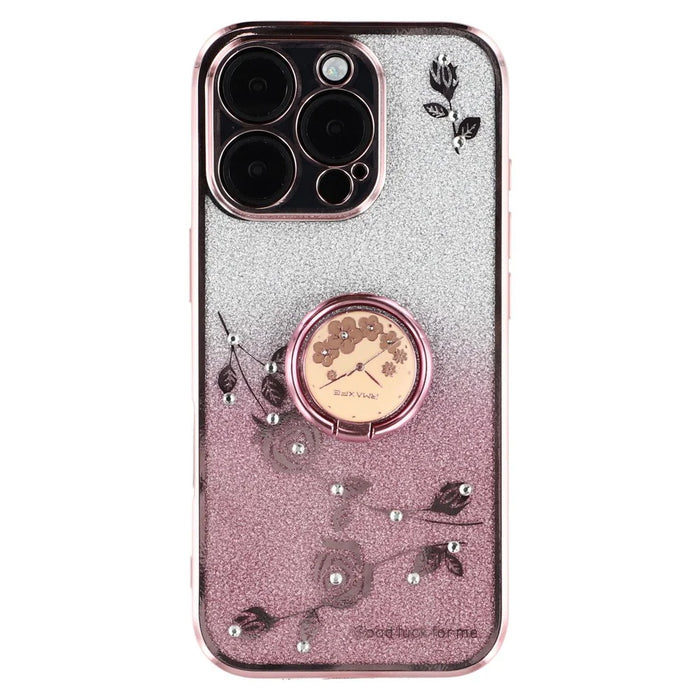 KADEM For iPhone 16 Pro Max Case TPU Gradient Flowers Phone Cover Ring Kickstand - Rose Gold - 1