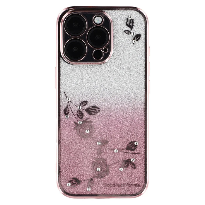 KADEM For iPhone 16 Pro Max Case TPU Gradient Flowers Phone Cover Ring Kickstand - Rose Gold - 3