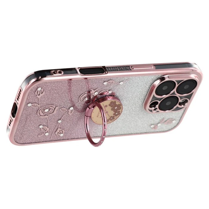 KADEM For iPhone 16 Pro Max Case TPU Gradient Flowers Phone Cover Ring Kickstand - Rose Gold - 4