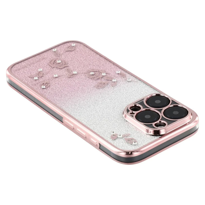 KADEM For iPhone 16 Pro Max Case TPU Gradient Flowers Phone Cover Ring Kickstand - Rose Gold - 6