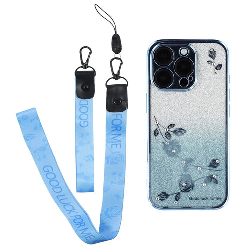KADEM For iPhone 16 Pro Max Case Rhinestone Decor TPU Phone Cover with Lanyards Gradient - Blue - 1