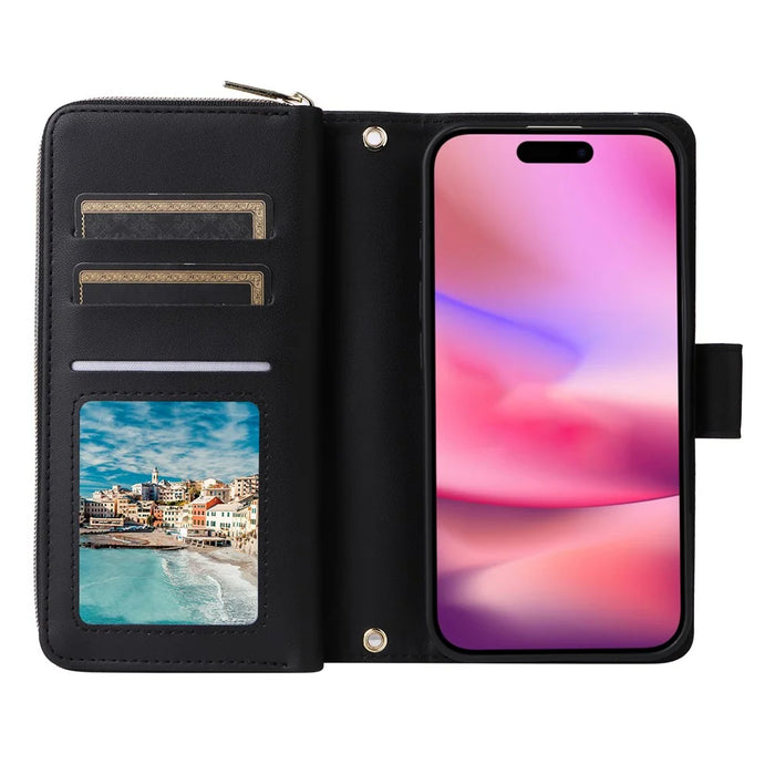 R20 For iPhone 16 Case Zipper Pocket PU Leather Wallet Phone Cover with Hand Strap - Black - 2