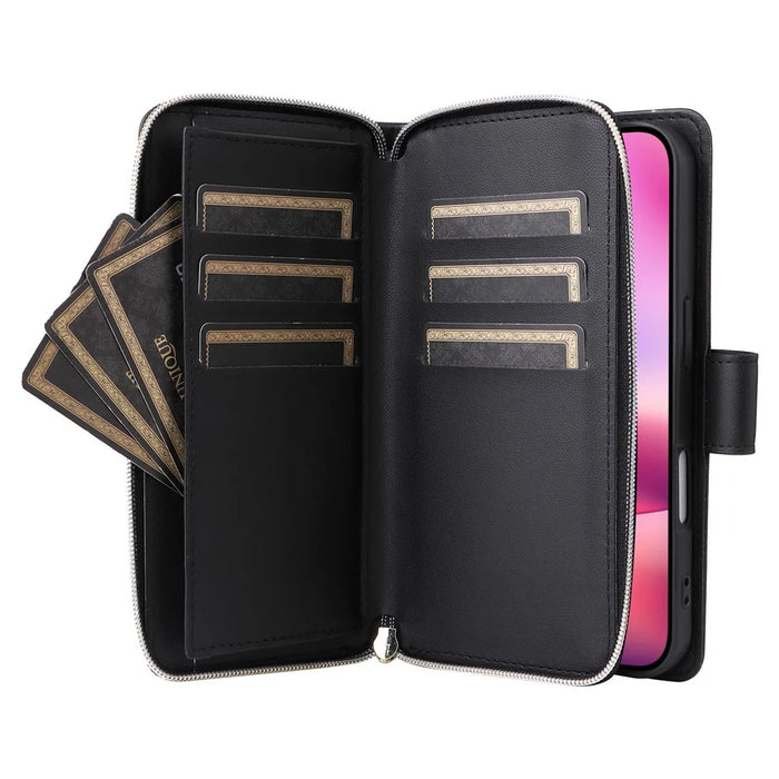 R20 For iPhone 16 Case Zipper Pocket PU Leather Wallet Phone Cover with Hand Strap - Black - 3