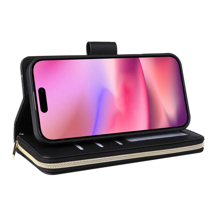R20 For iPhone 16 Case Zipper Pocket PU Leather Wallet Phone Cover with Hand Strap - Black - 4