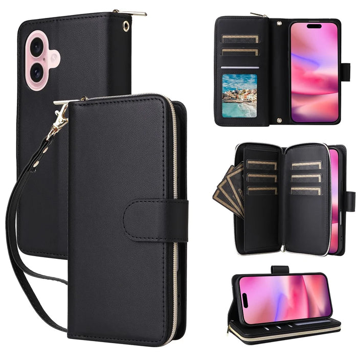 R20 For iPhone 16 Case Zipper Pocket PU Leather Wallet Phone Cover with Hand Strap - Black - 5