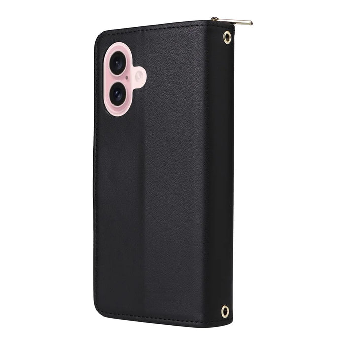 R20 For iPhone 16 Case Zipper Pocket PU Leather Wallet Phone Cover with Hand Strap - Black - 7