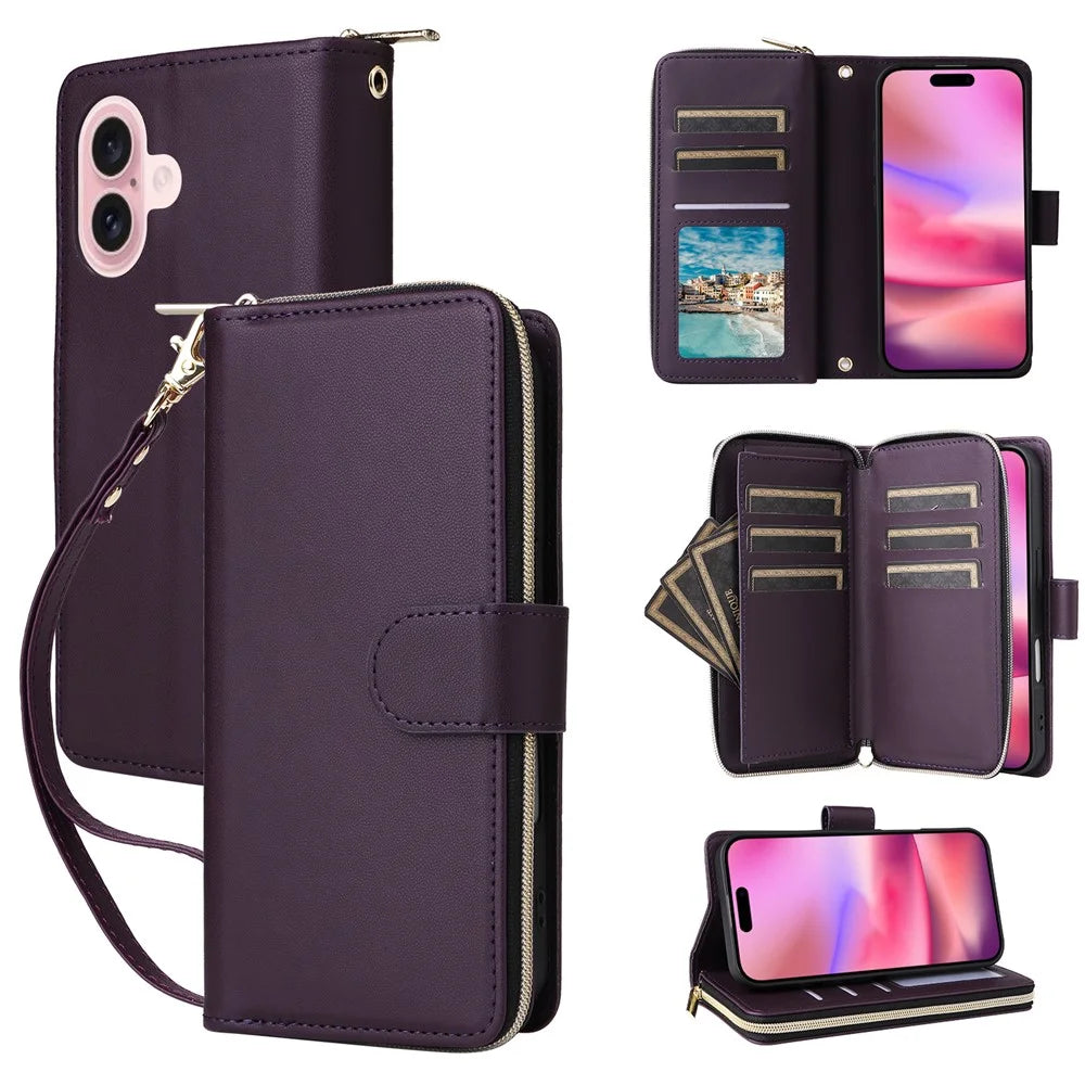 R20 For iPhone 16 Plus Case Zipper Wallet 9 Card Slots PU Leather Phone Cover - Dark Purple - 1