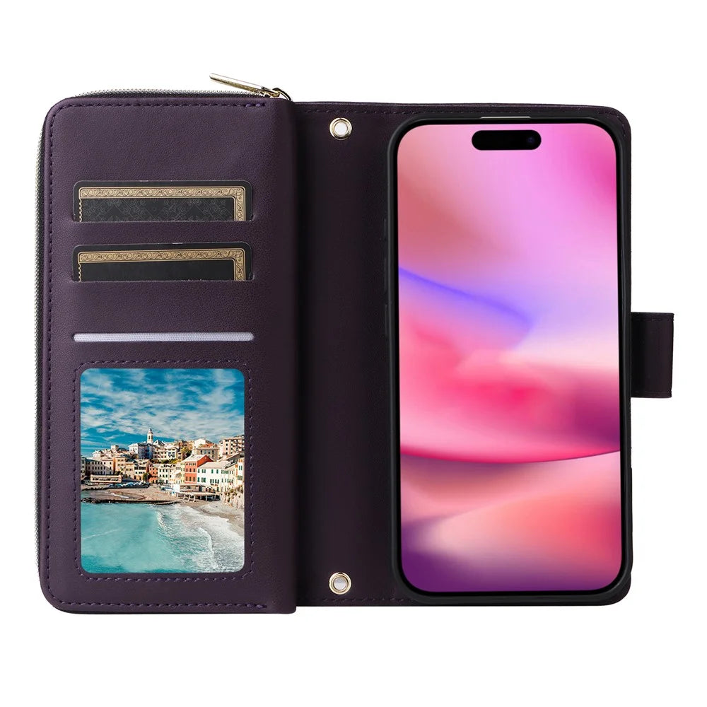 R20 For iPhone 16 Plus Case Zipper Wallet 9 Card Slots PU Leather Phone Cover - Dark Purple - 2