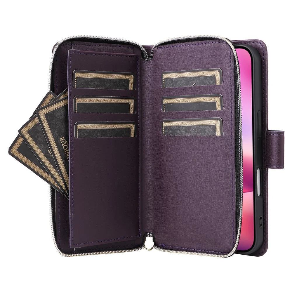 R20 For iPhone 16 Plus Case Zipper Wallet 9 Card Slots PU Leather Phone Cover - Dark Purple - 3