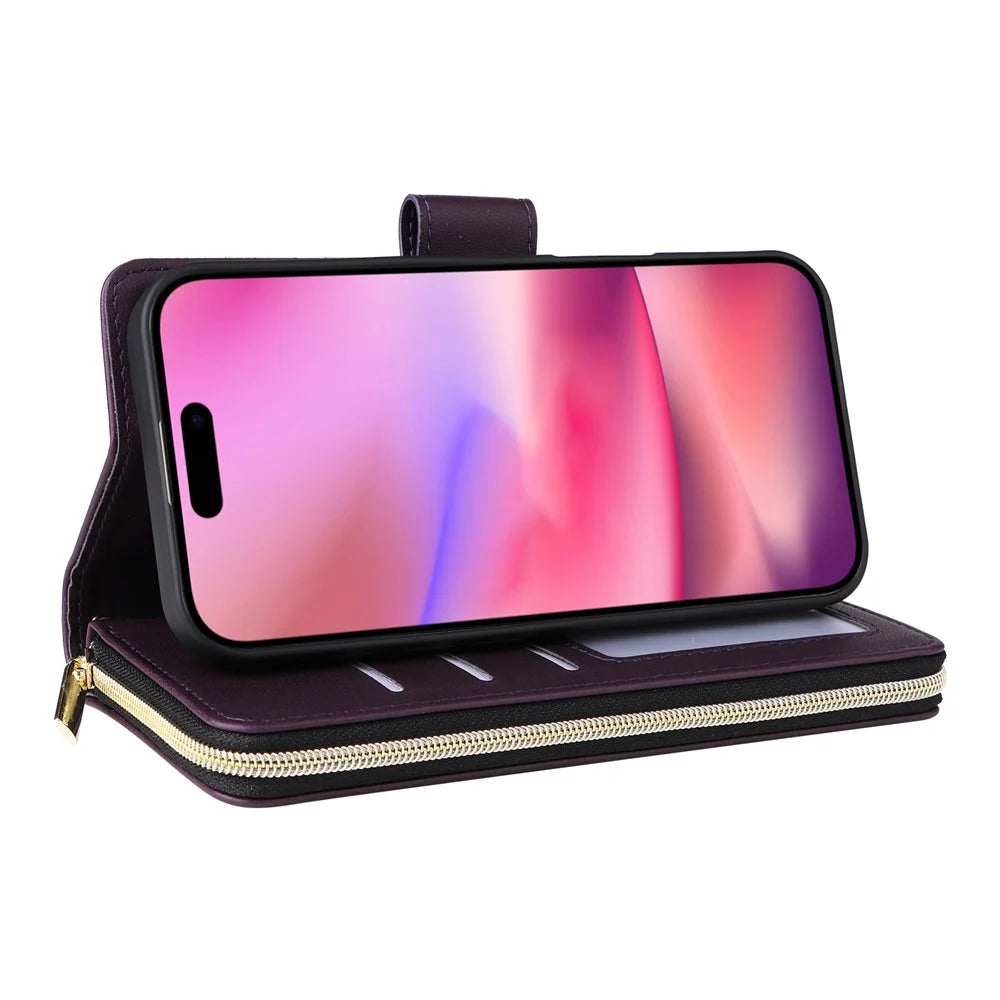 R20 For iPhone 16 Plus Case Zipper Wallet 9 Card Slots PU Leather Phone Cover - Dark Purple - 4