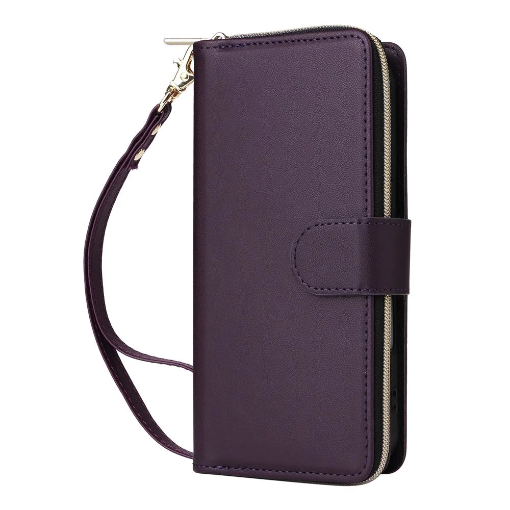 R20 For iPhone 16 Plus Case Zipper Wallet 9 Card Slots PU Leather Phone Cover - Dark Purple - 6