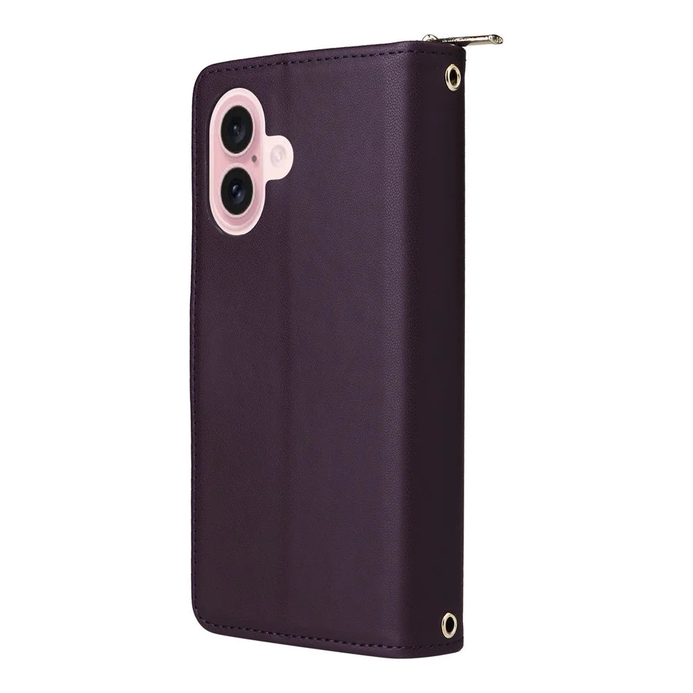 R20 For iPhone 16 Plus Case Zipper Wallet 9 Card Slots PU Leather Phone Cover - Dark Purple - 7