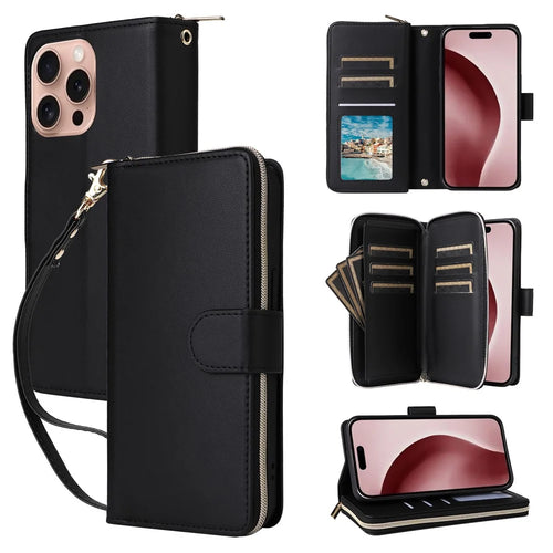 R20 For iPhone 16 Pro Case Zipper Pocket Wallet Leather Phone Cover - Black - 1