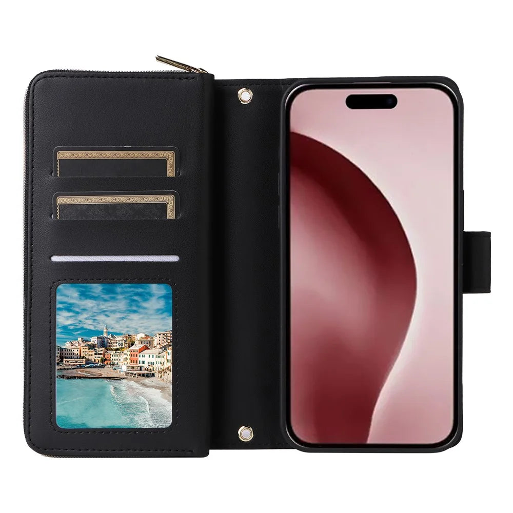 R20 For iPhone 16 Pro Case Zipper Pocket Wallet Leather Phone Cover - Black - 2