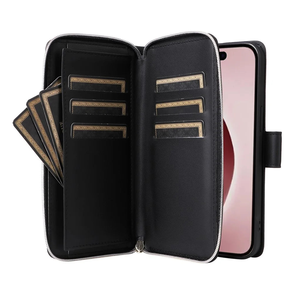 R20 For iPhone 16 Pro Case Zipper Pocket Wallet Leather Phone Cover - Black - 3