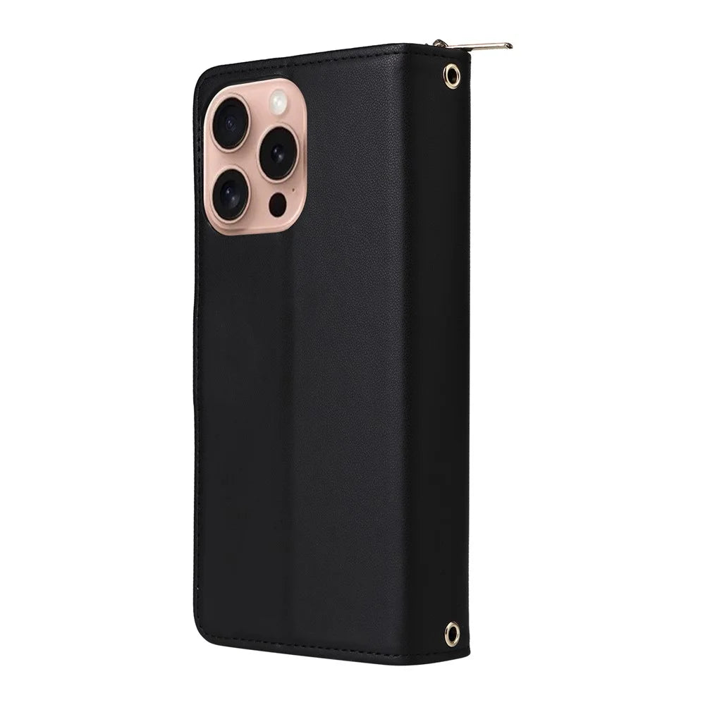R20 For iPhone 16 Pro Case Zipper Pocket Wallet Leather Phone Cover - Black - 7