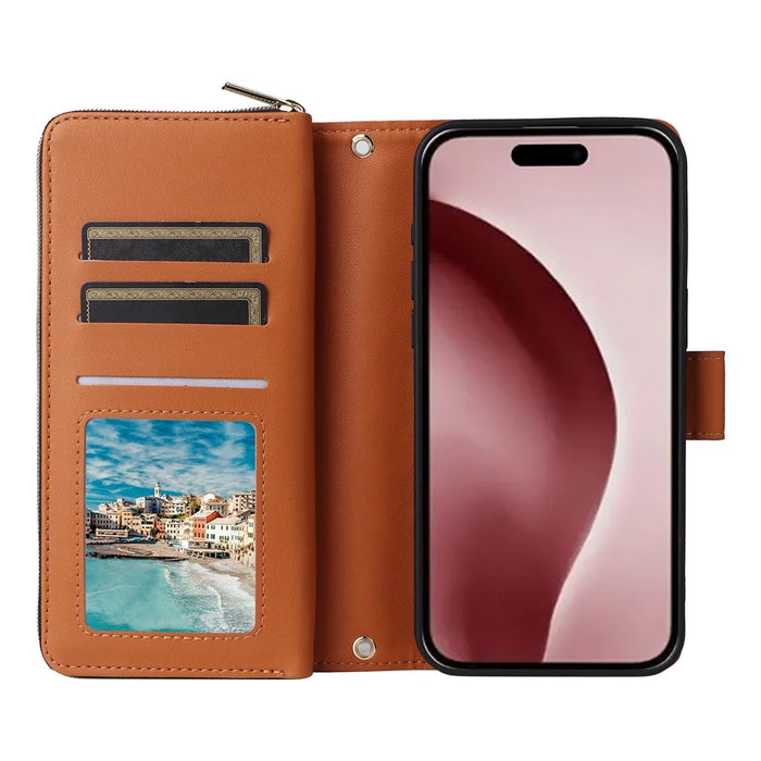 R20 For iPhone 16 Pro Max Case Zipper PU Leather Phone Cover with 9 Card Slots - Brown - 2